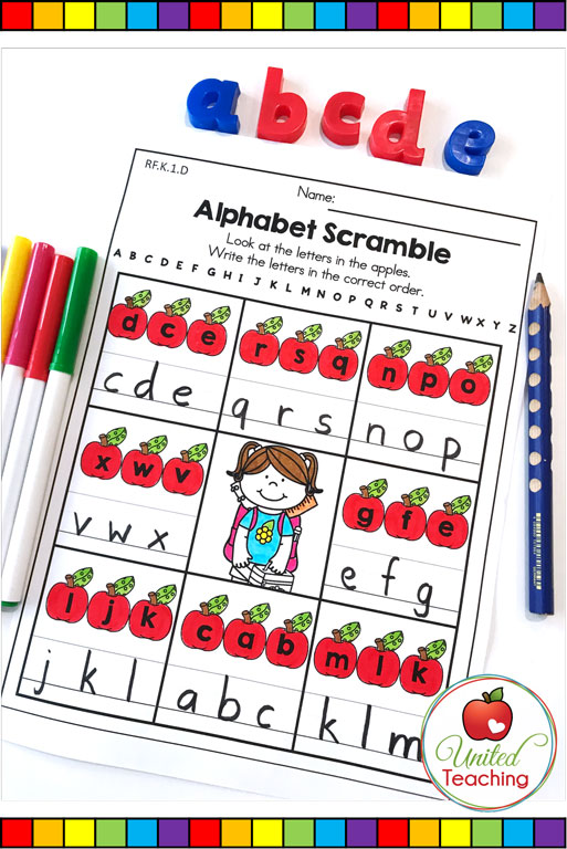 Alphabet scramble worksheet to help children learn the order of letters in the alphabet
