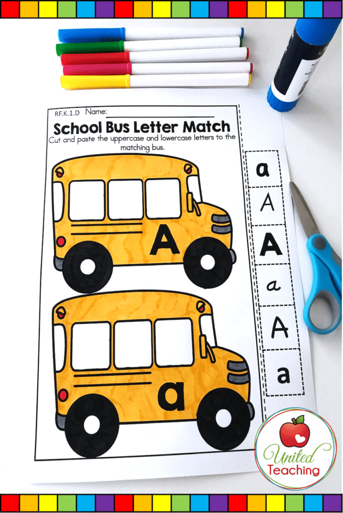 School Bus alphabet uppercase and lowercase letter match worksheet