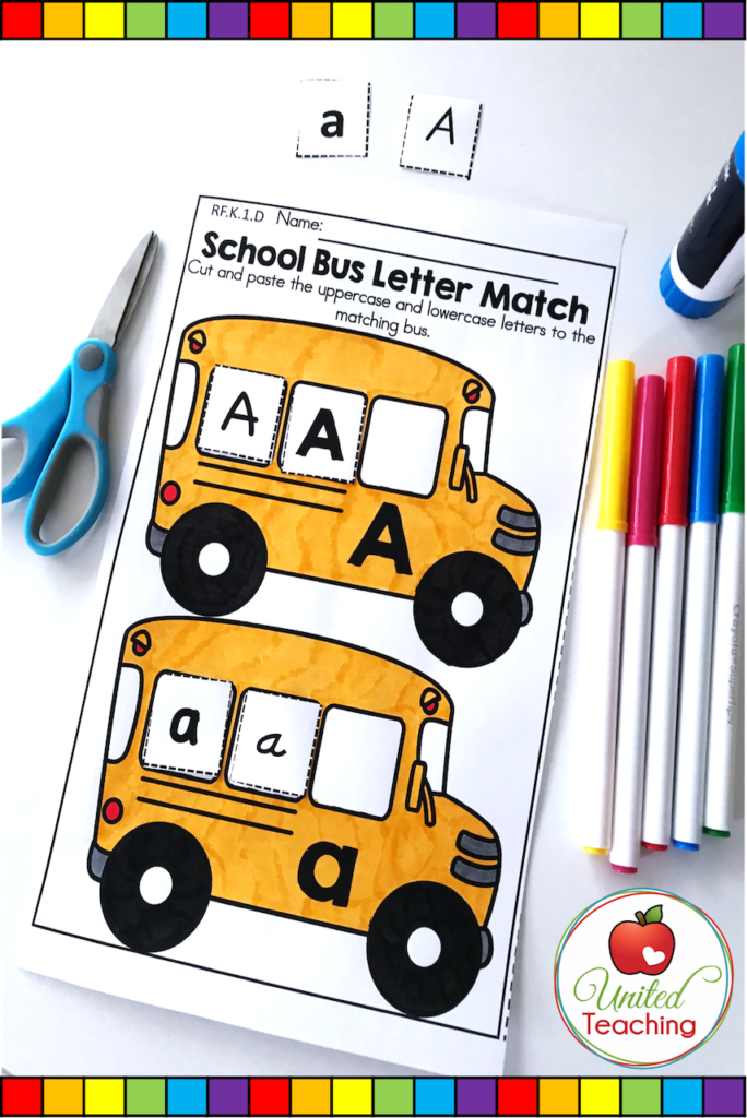 School Bus alphabet uppercase and lowercase letter match worksheet