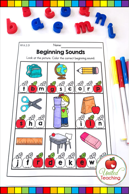 Back to School beginning sounds worksheet.