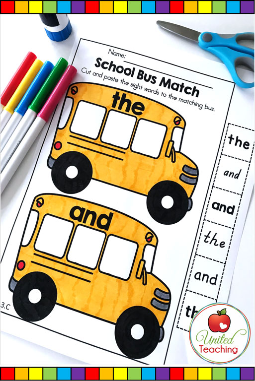 Back to School sight words matching activity for Kindergarten students.