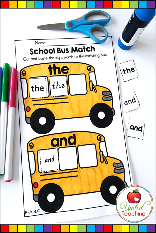 Back to School sight words matching activity for Kindergarten students.