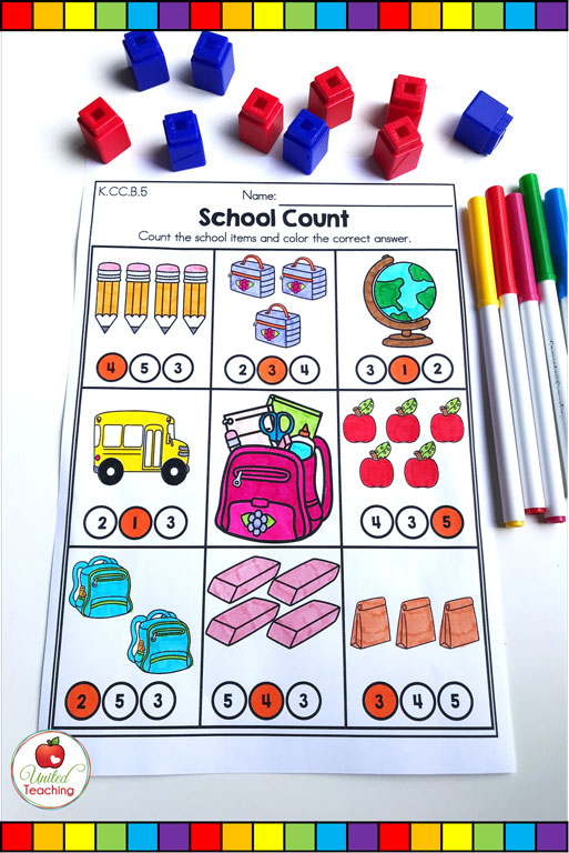 Back to School counting to 5 math worksheet
