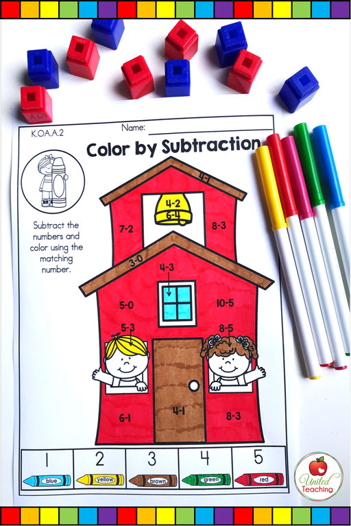 Color by subtraction math worksheet