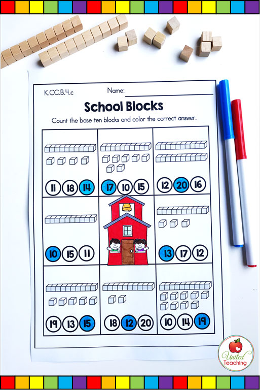 Base ten blocks place value counting from 11 to 20 math worksheet