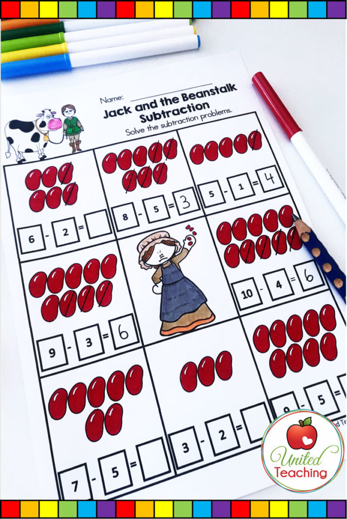 Jack and the Beanstalk fairy tale subtraction no prep math activity.