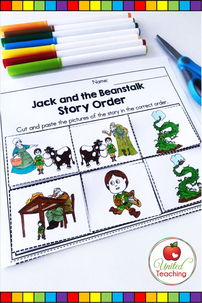 Jack and the Beanstalk fairy tale sequencing activity. Cut and paste the pictures to show the order of events in the fairy tale.