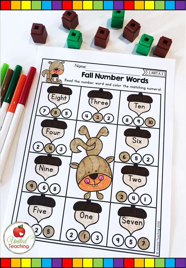Fall number words for numbers 1 - 10 Fall themed math worksheet.
