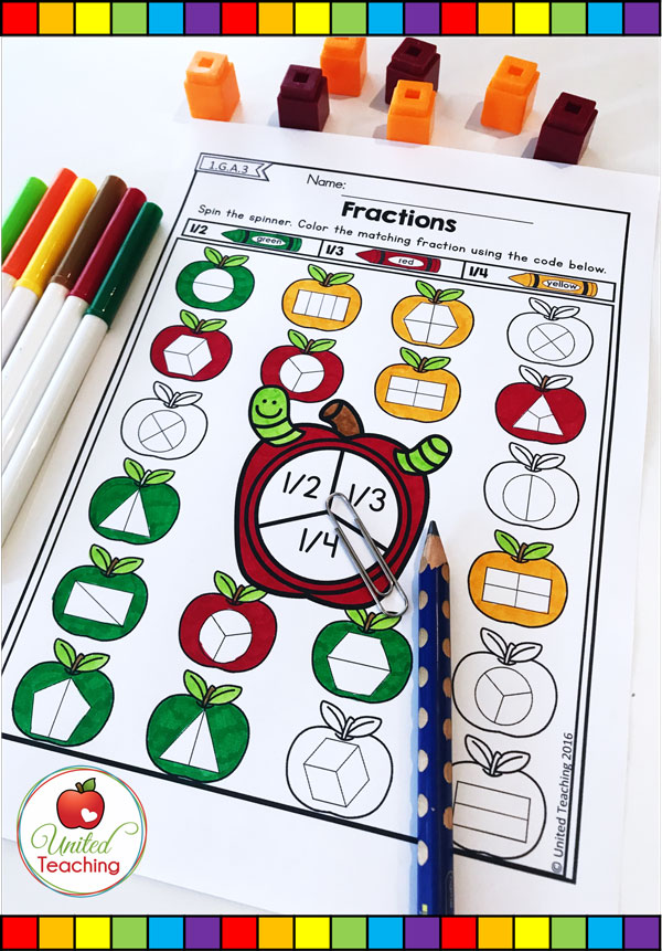 Fall themed Spin and color a matching fraction math worksheet.