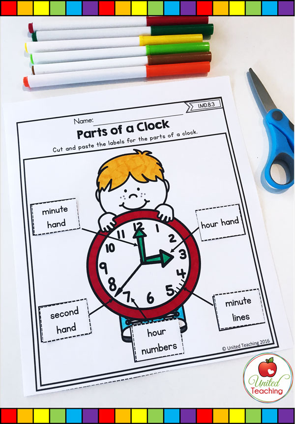 The Parts of a Clock cut and paste labeling math worksheet.