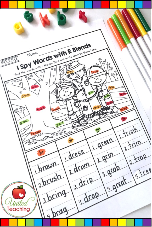 I Spy Words with R Blends no prep phonic activity for beginning readers and writers.