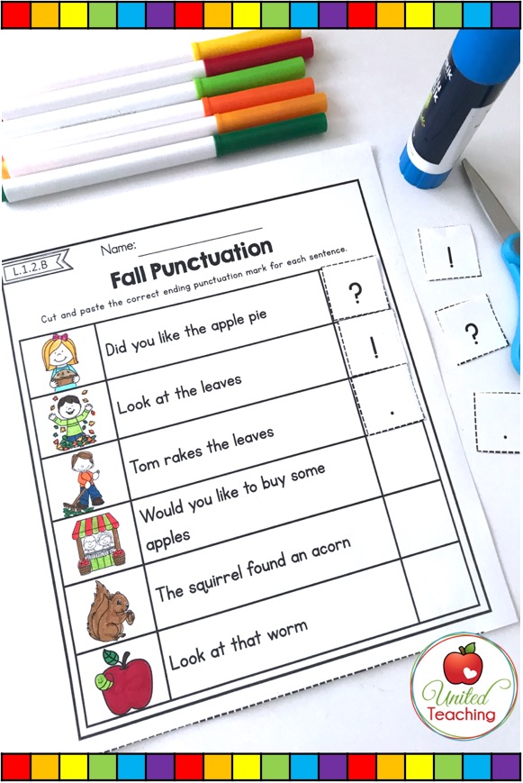 Types of Sentences punctuation cut and paste activity for 1st grade students.