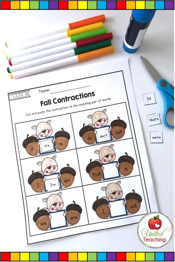 Contractions cut and paste activity for 1st grade students.