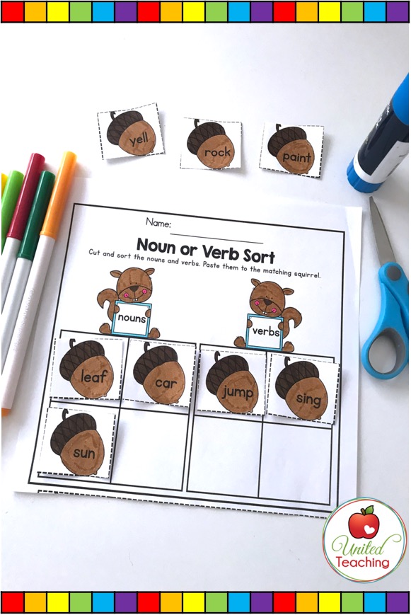 Sorting words into nouns and verbs cut and paste activity for 1st grade students.