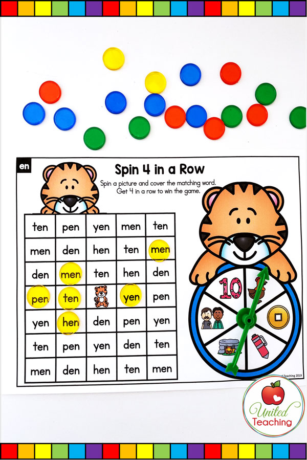 Spin to Win CVC 4 in a Row game for beginning readers. 