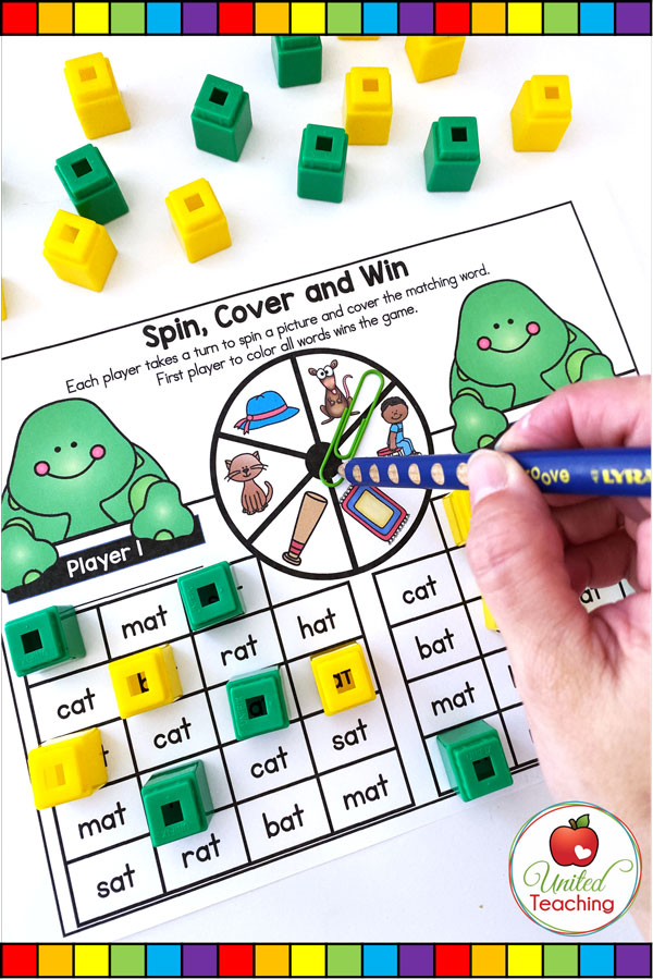 Spin to Win CVC Spin, Cover & Win partner game for beginning readers. 