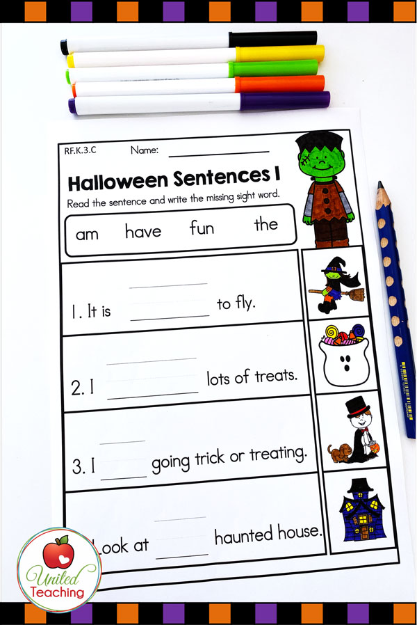 Halloween sight word sentences worksheet.