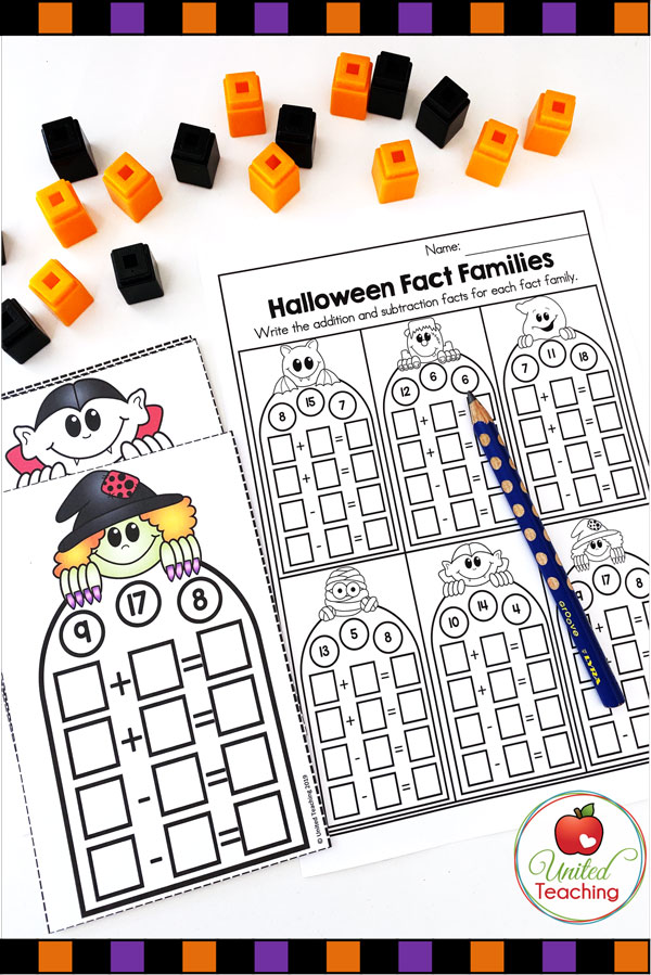 Free Fact Families Math Center for Halloween task cards and worksheet.