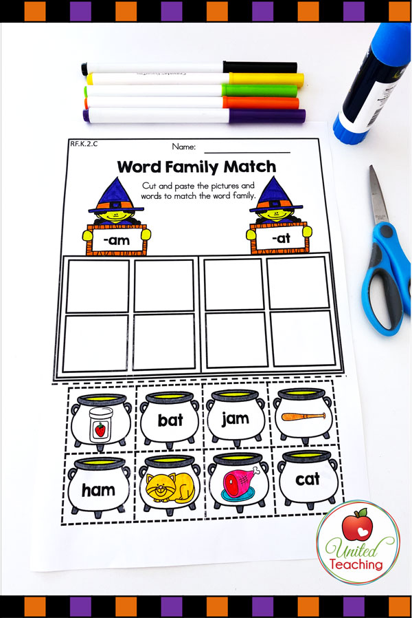 Halloween word family sort worksheet.