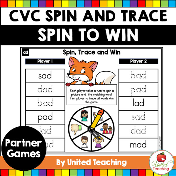 Spin to Win CVC Spin and Trace partner games for beginning readers. 