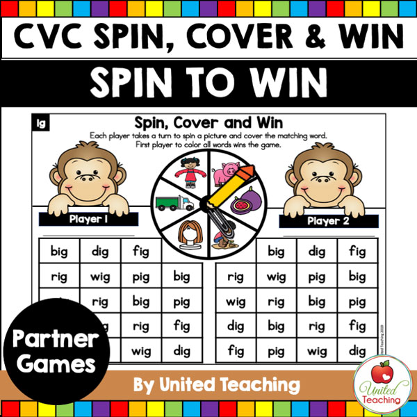 Spin to Win CVC Spin, Cover & Win games for beginning readers. 