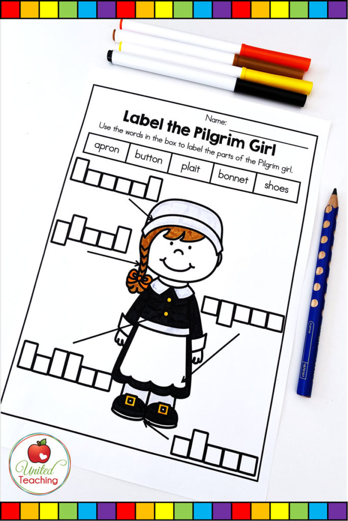 FREE Thanksgiving Labeling Activities  - Label the Parts of a Pilgrim girl worksheet.