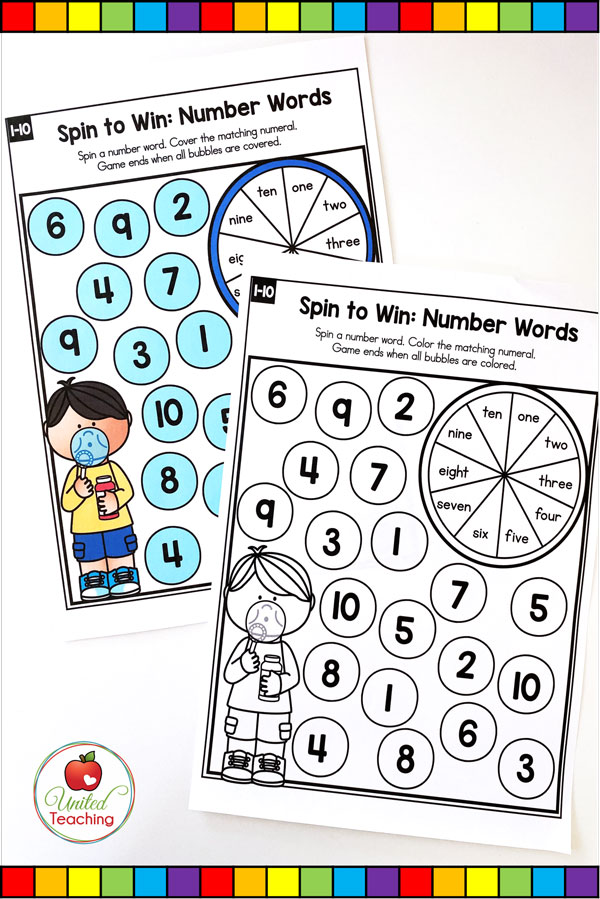 Spin to Win Number Words for numbers 1-10 colored and worksheet math game