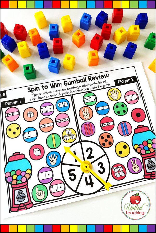 Spin to Win Numbers 1-5 Review math game for developing number sense, subitizing skills, and number 1-5 recognition.