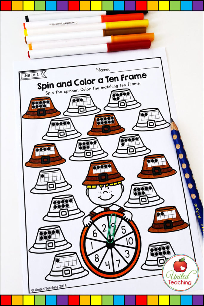 Thanksgiving spin and color a ten frame math worksheet.