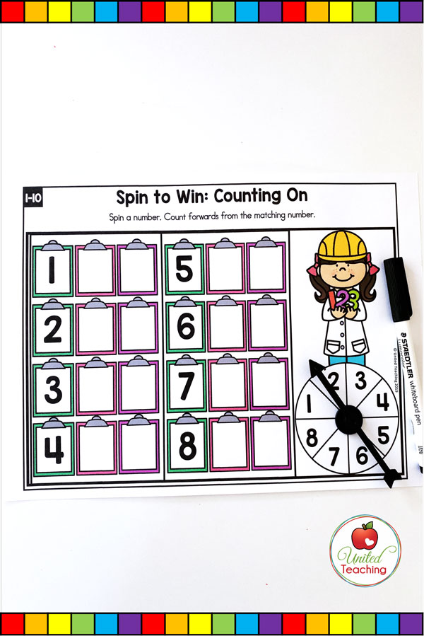 Spin to Win Counting On for numbers 1-10 colored math game