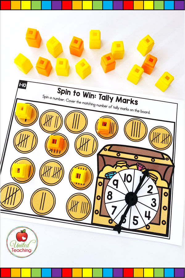 Spin to Win Tally Marks for numbers 1-10 colored math game