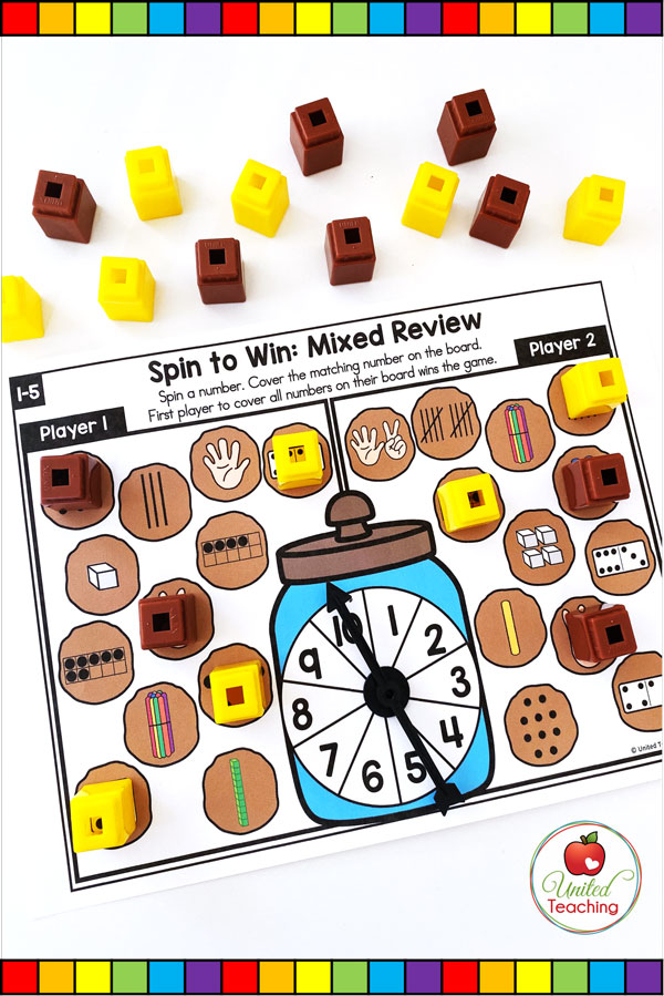 Spin to Win Subitizing Mixed Review for numbers 1-10 colored math game