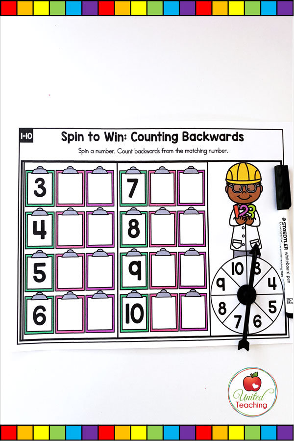 Spin to Win Counting Backwards for numbers 1-10 colored math game