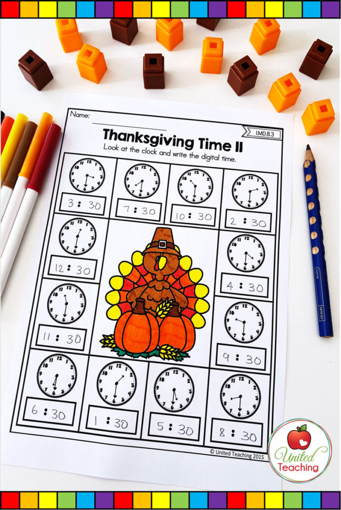 Thanksgiving Telling Time to the half-hour math worksheet