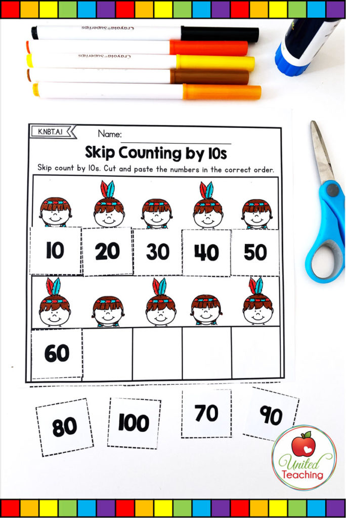 Thanksgiving Skip counting by 10s cut and paste math worksheet.