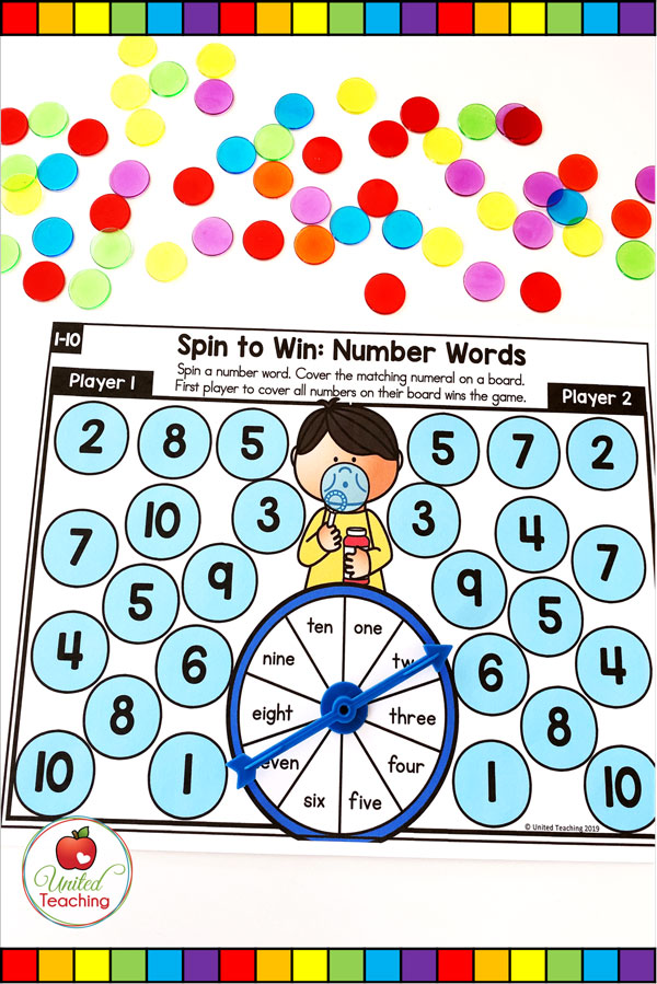 Spin to Win Number Words for numbers 1-10 colored math game