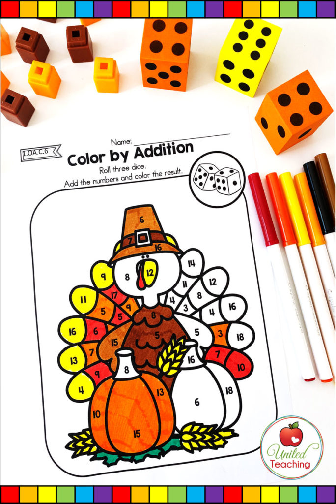 Thanksgiving Color by Addition Turkey math worksheet