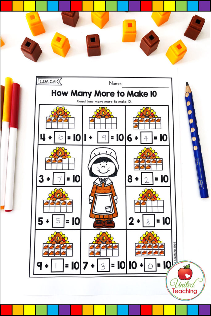 How Many More to Make 10 Thanksgiving math worksheet 