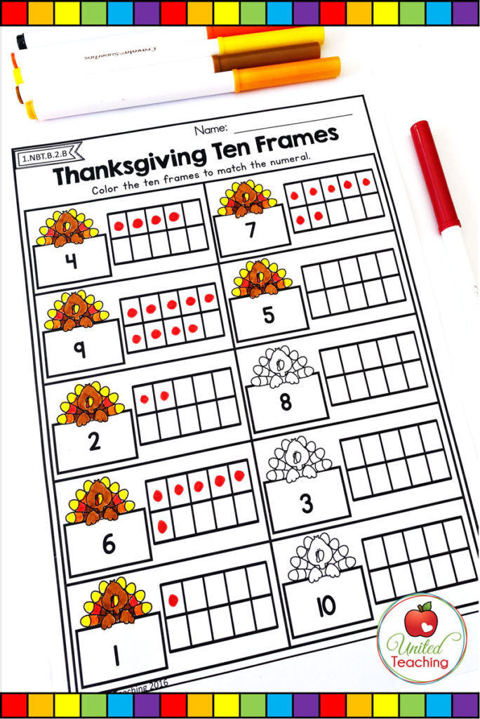 Thanksgiving Numbers 1-10 Ten Frames math worksheet