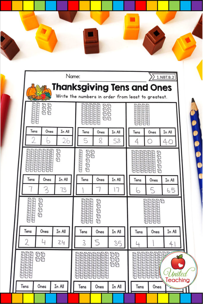 Thanksgiving tens and ones base ten math worksheet