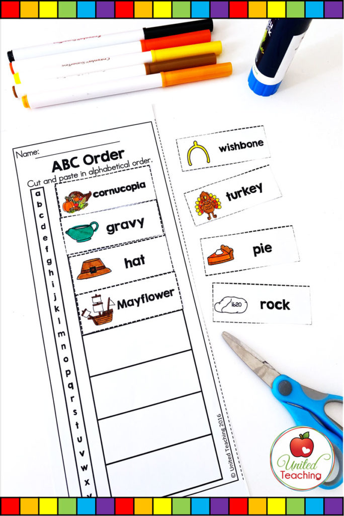 Thanksgiving ABC order literacy worksheet in action