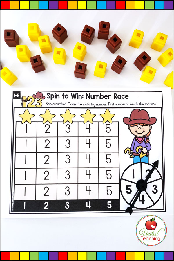 Spin to Win Number Race math game for developing number 1-5 recognition.