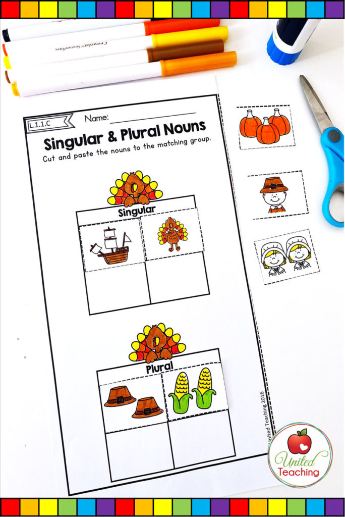 Thanksgiving singular and plural nouns grammar worksheet