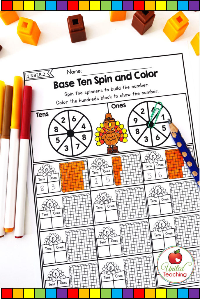 Thanksgiving tens and ones base ten spin and color math worksheet