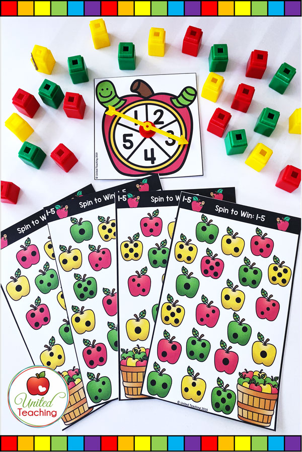 Spin to Win Numbers 1-5 math game for developing number sense and subitizing concepts.