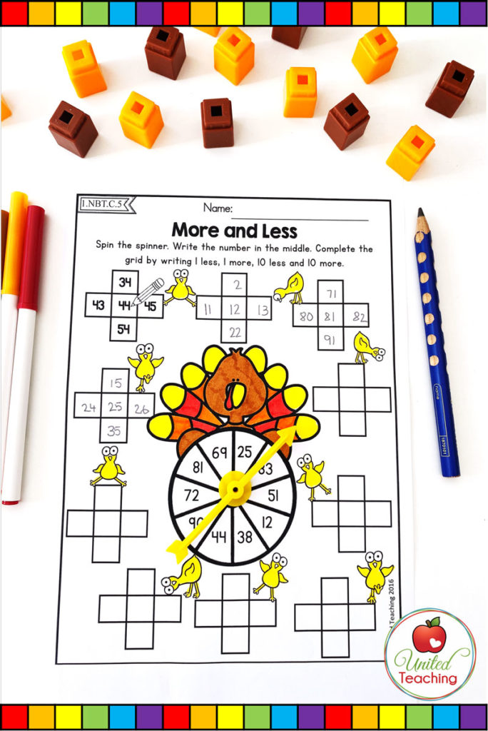 Thanksgiving More and Less math worksheet for numbers to 100