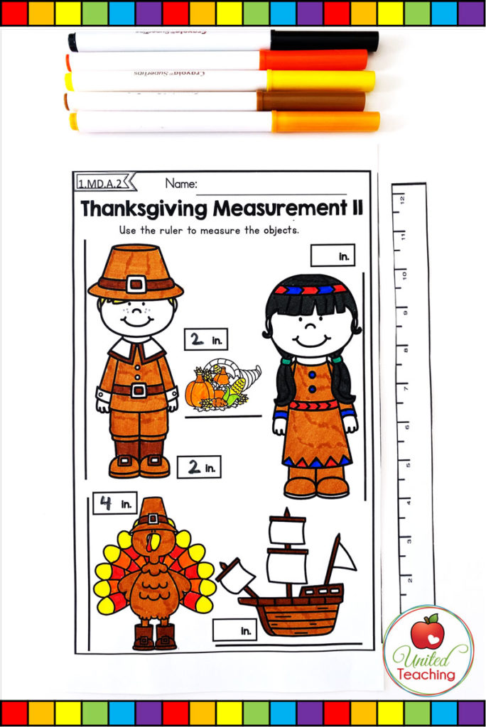 Thanksgiving measurement with inches math worksheet