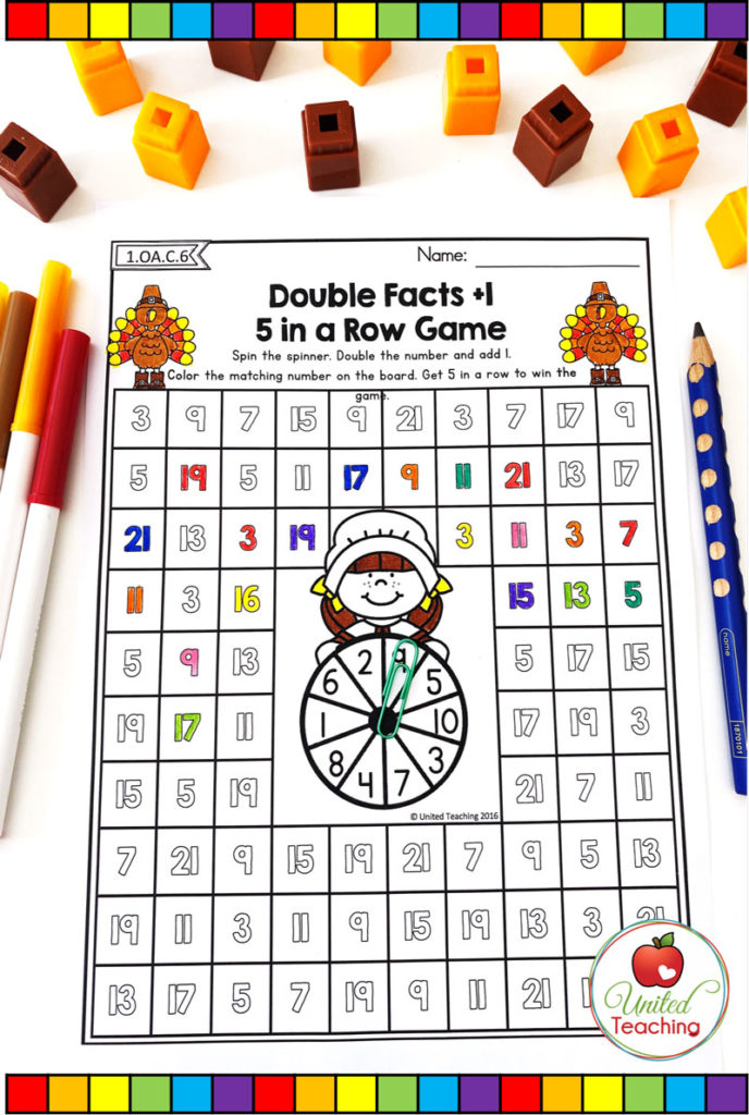 Thanksgiving Doubles Facts +1 game math worksheet