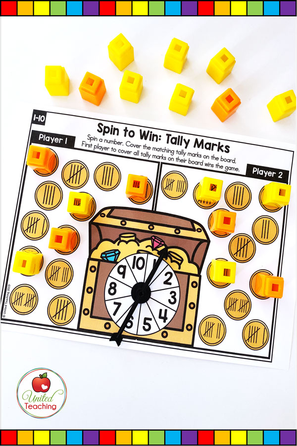Spin to Win Tally Marks for numbers 1-10 colored math game