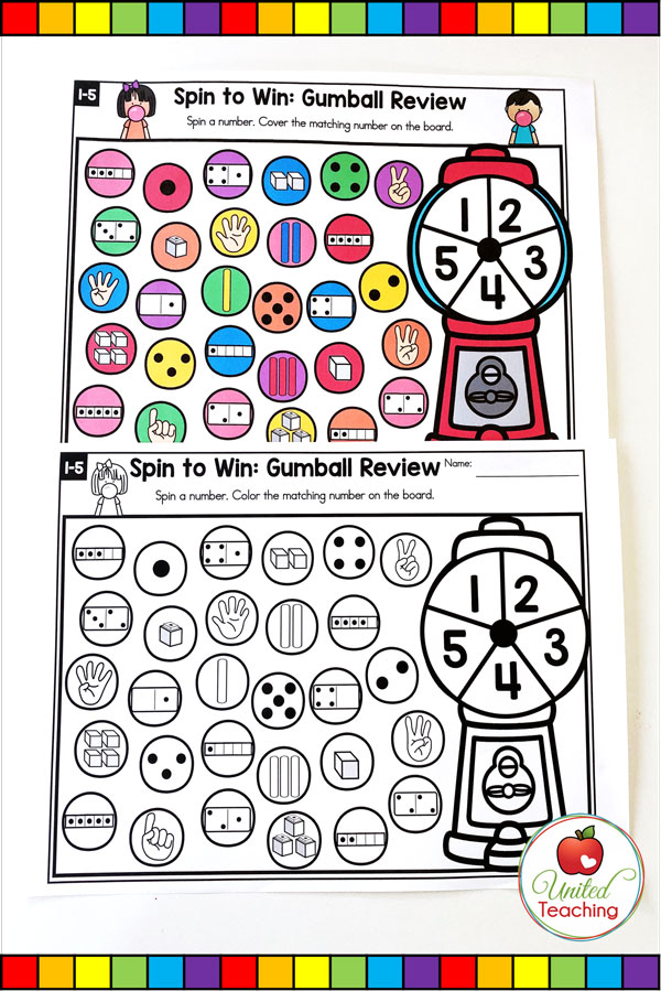 Spin to Win Numbers 1-5 Review math game for developing number sense, subitizing skills, and number 1-5 recognition.